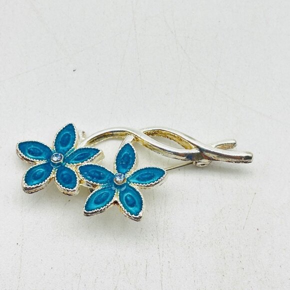 Vintage Blue Floral Bouquet Pin Silver Tone Glittery Enamel Rhinestone Center - Picture 4 of 5